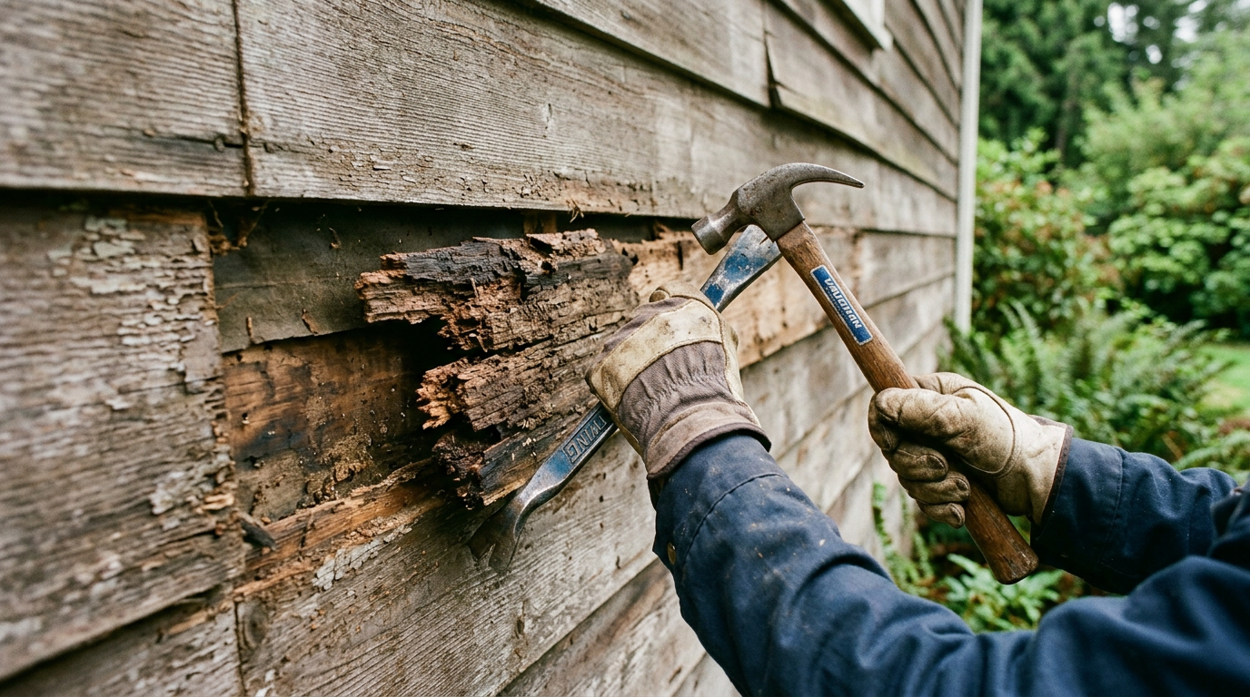 Close-up of a rotted siding board being carefully removed for repair on a home in Greenwood, WA.