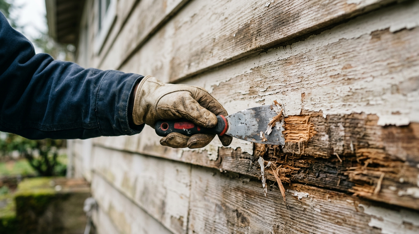 Scraping rot from damaged wood siding during a siding repair project on a Greenwood home.