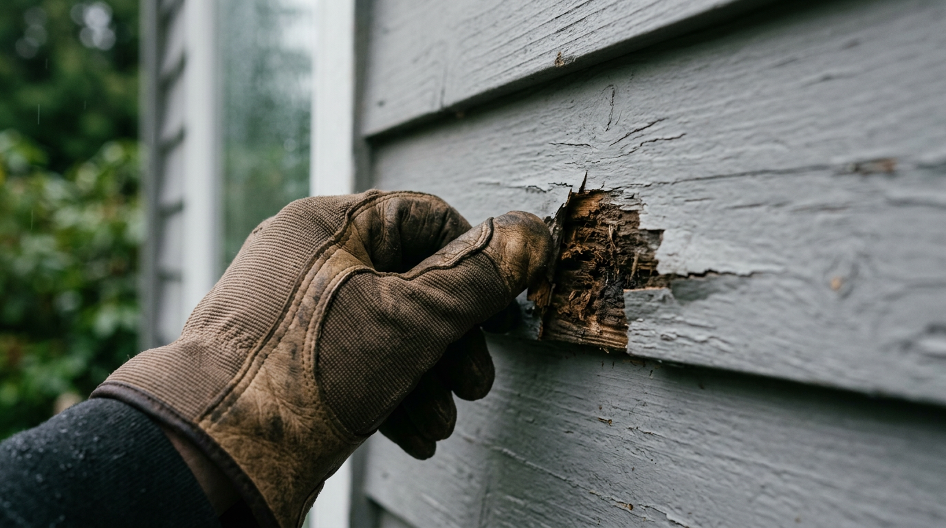 A hand pressing on a soft, rotten spot on the siding of a home in Greenwood, WA.