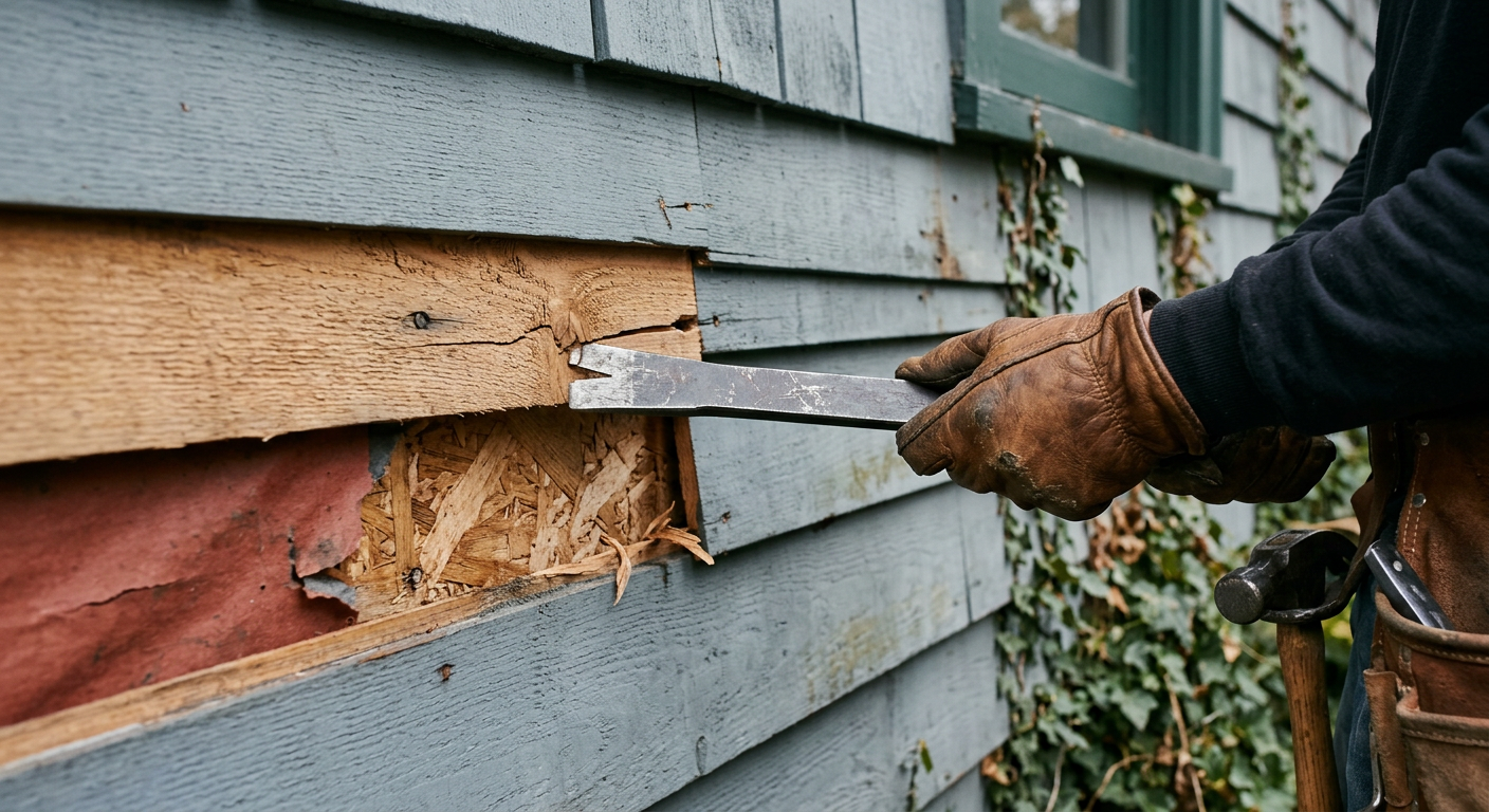Close-up of contractor hands using a pry bar to perform siding repairs on a Greenwood home