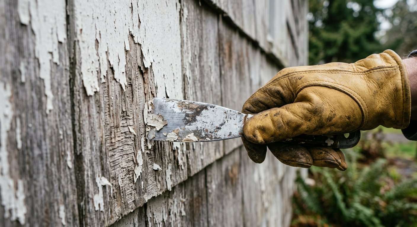 Close-up of a hand scraping peeling paint off of wood siding during a siding repair project in Lynnwood, WA.