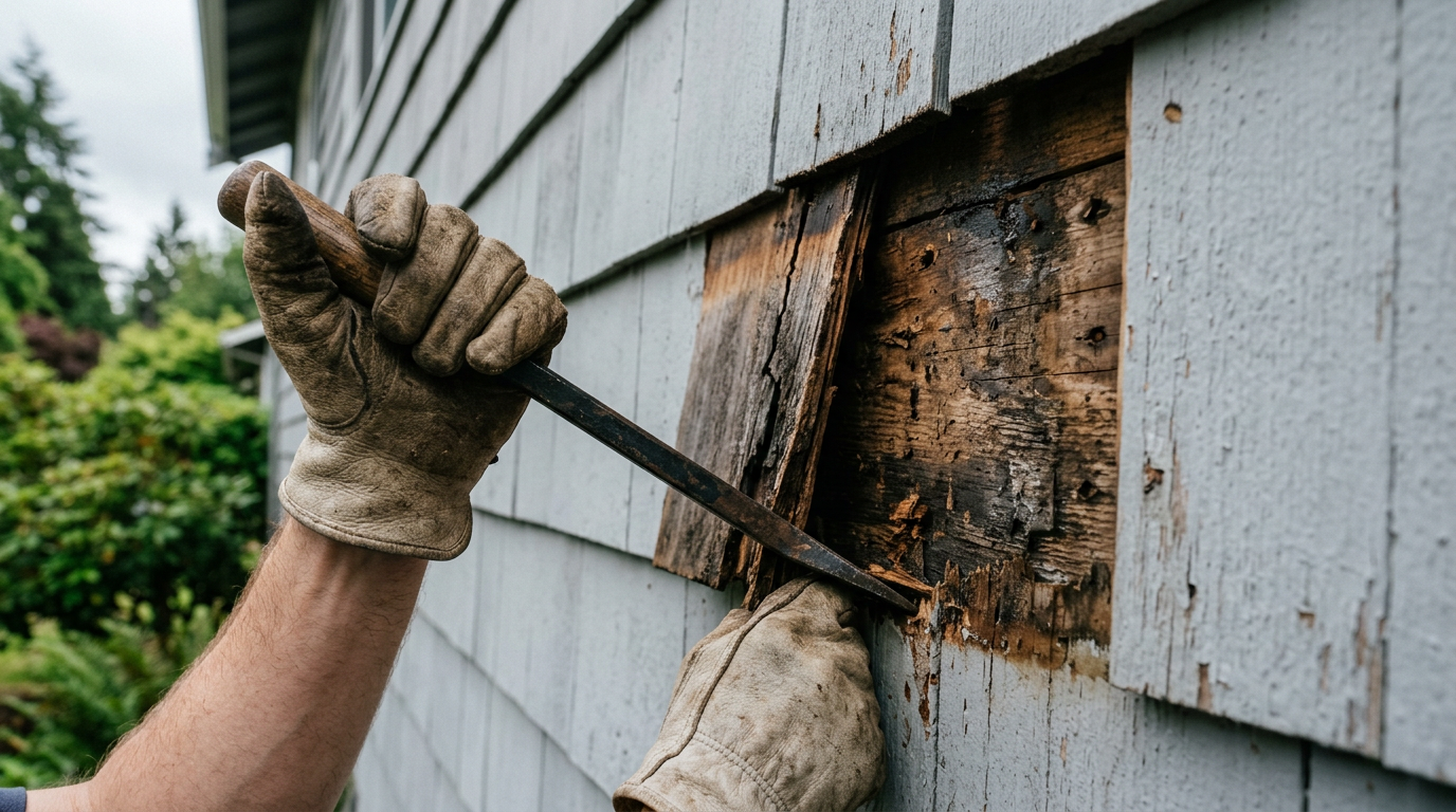 Close-up of a rotted siding board being removed from a home in Lynnwood, WA during a repair.