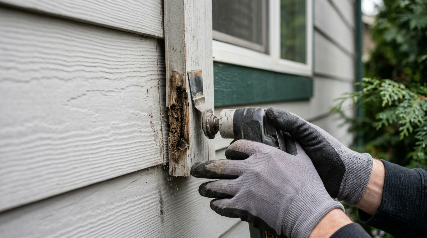 A House Spouse handyman performing a professional siding repair on a home in Lynnwood, WA.