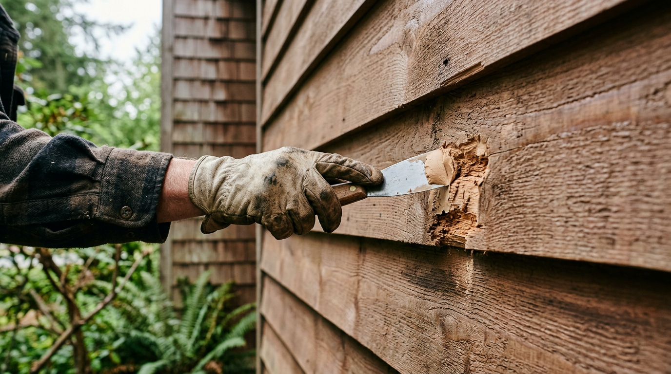 Handyman applying wood filler to damaged cedar siding during a home siding repair in Lynnwood, WA.