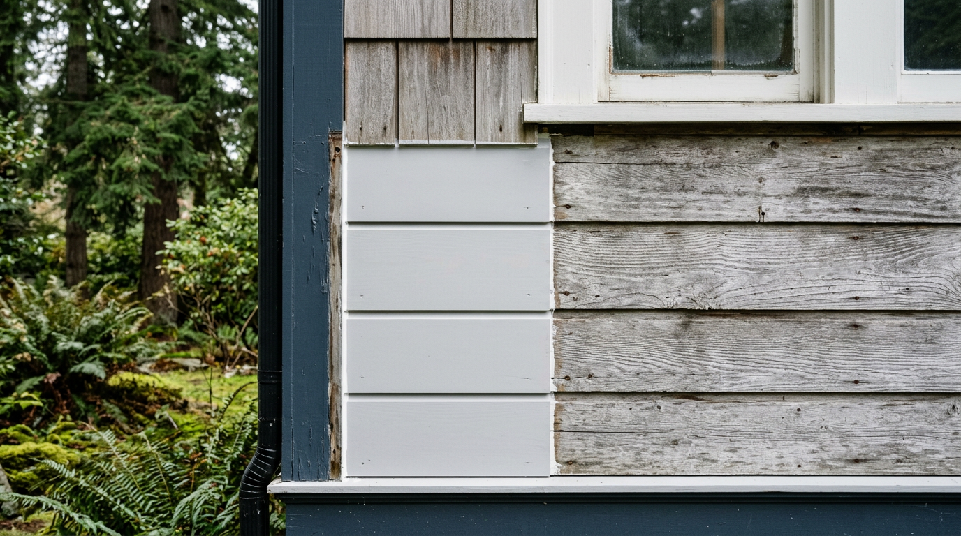 A close-up of a professional siding repair in Lynnwood, WA, showing new boards patched into an existing wall.