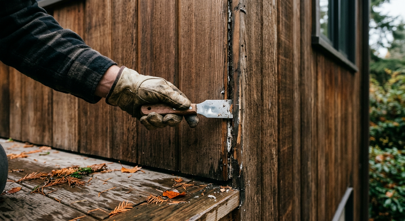 Contractor repairing damaged cedar siding joints on a Mercer Island home in fall
