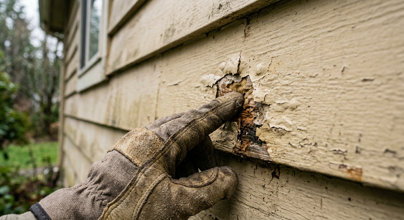 Hand pressing on a soft spot indicating siding rot on a Mercer Island home, a sign siding repairs are needed.