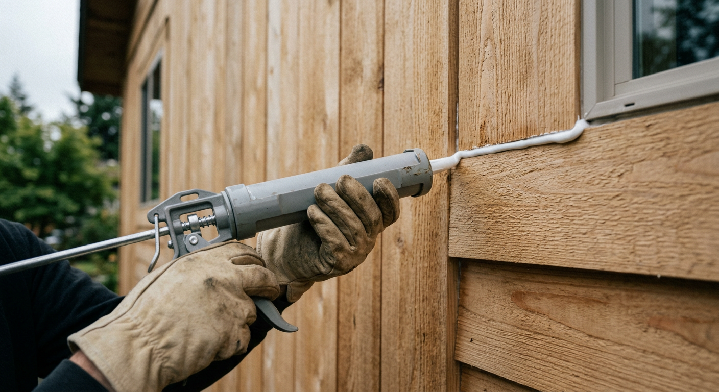 Applying fresh caulk to a new siding board during a siding repair project in Newcastle, WA.