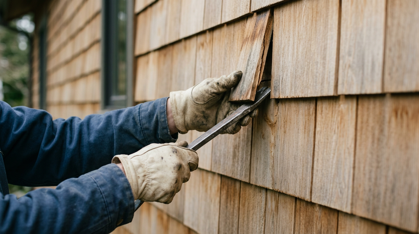 A close-up of a siding repair in progress on a home in Redmond, WA.