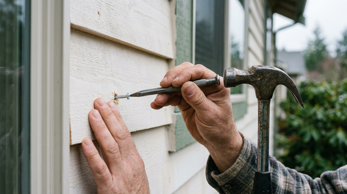 A close-up of a carpenter performing siding repairs on a Redmond, WA home by setting a nail.