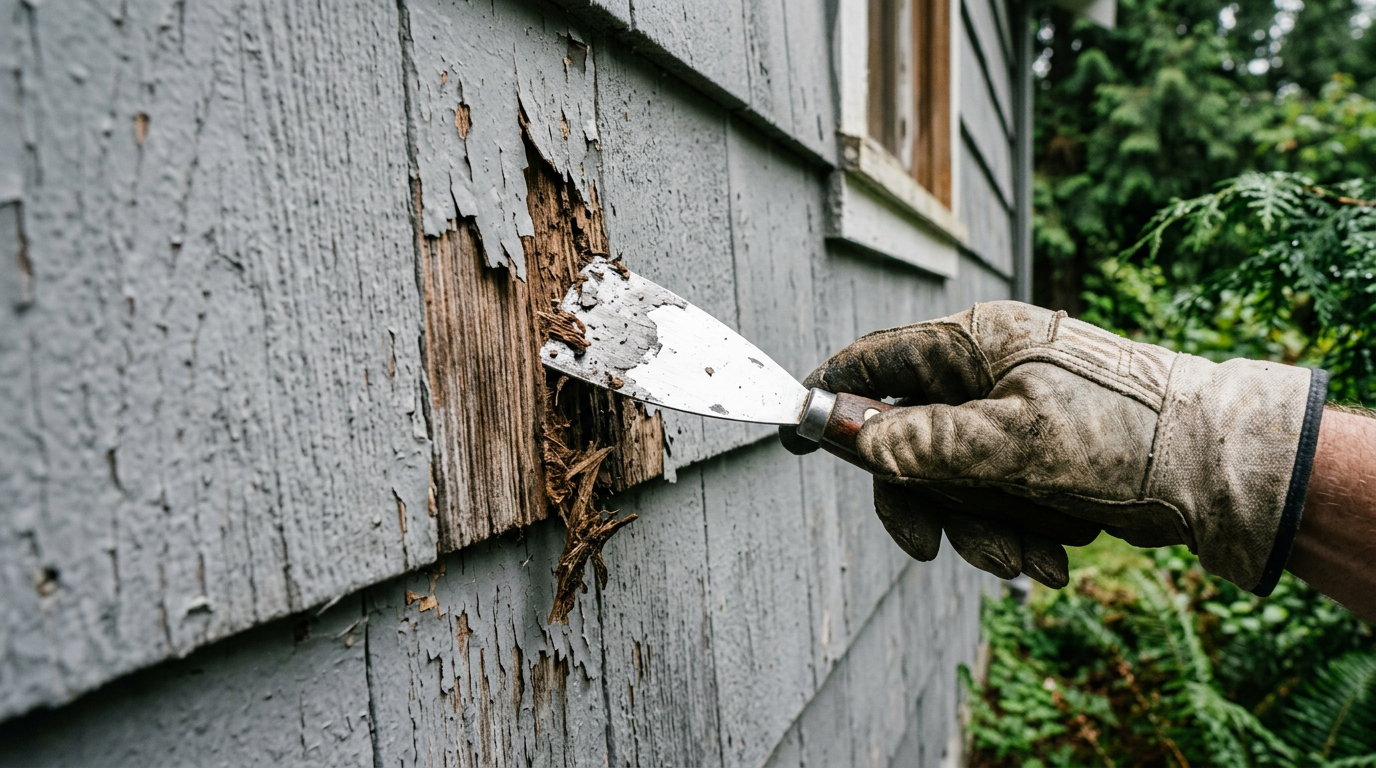 A handyman performing siding repairs on a home in Redmond, WA.