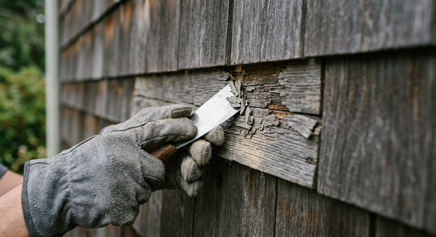Close-up of a handyman performing a siding repair on a home in Redmond, WA.