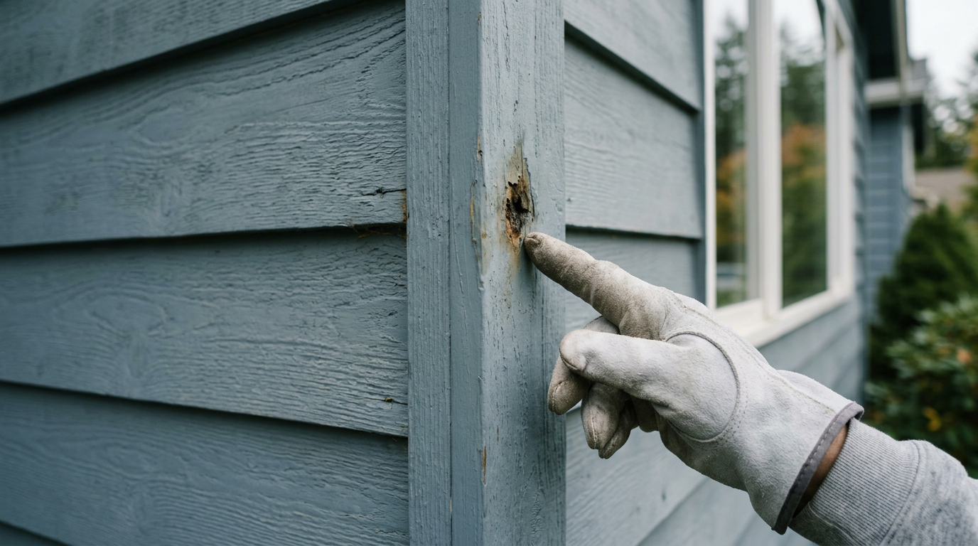 A close-up of a hand pointing to soft rot on painted cedar siding of a home in Redmond, WA, indicating the need for siding repair.
