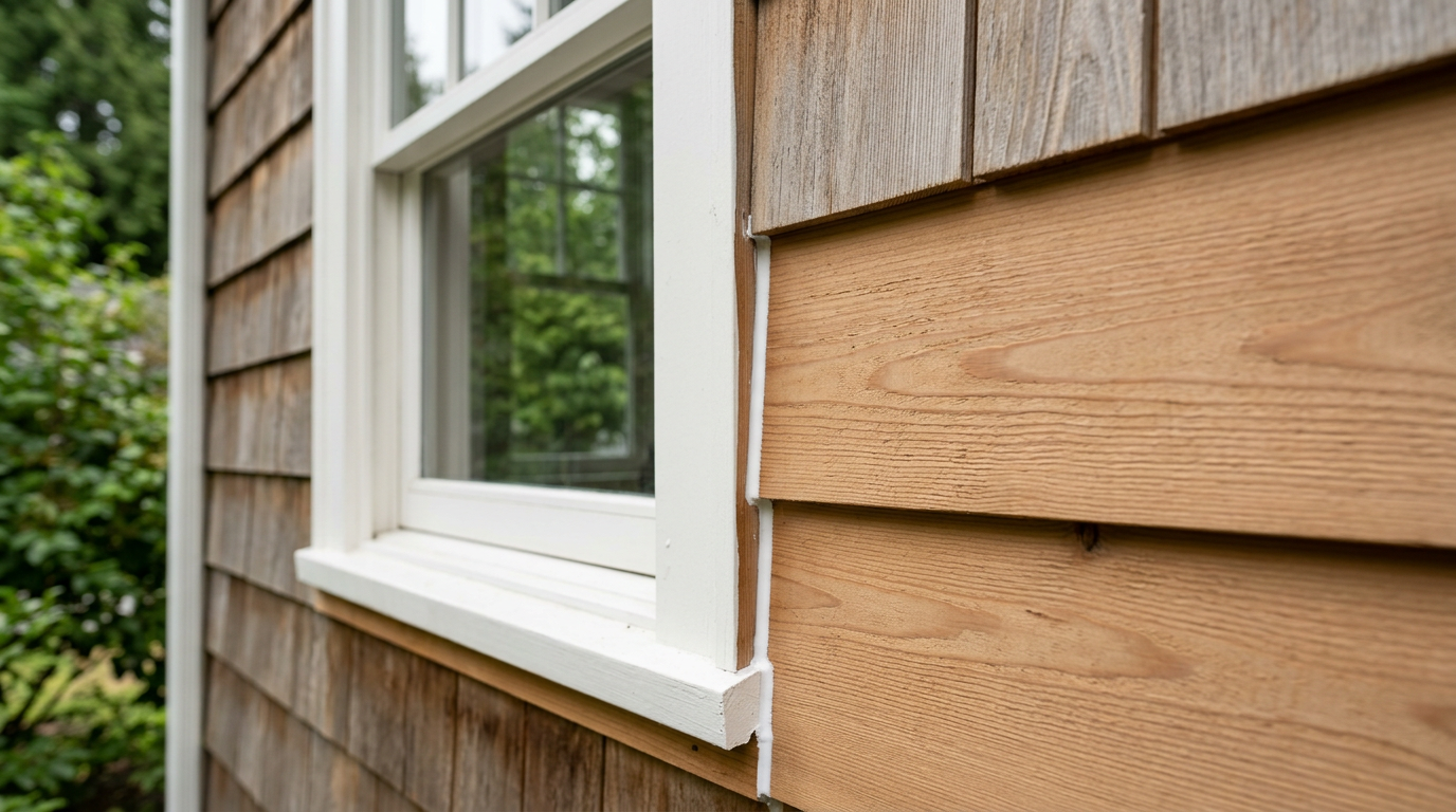 Close-up of a professionally completed siding repair on a home in Shoreline, WA, showing fresh paint and clean caulk lines.