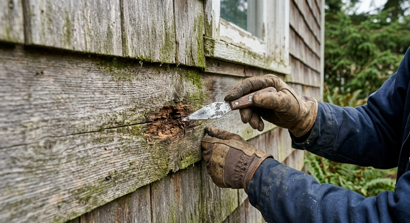 A close-up of a siding repair in Shoreline, WA, showing a soft, rotted board being assessed.
