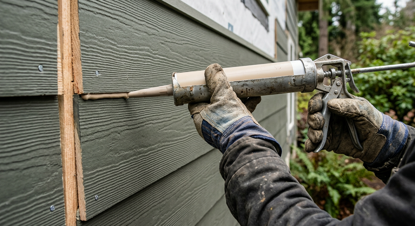 Close-up of a siding repair being finished with new caulk on a home in Shoreline, WA.