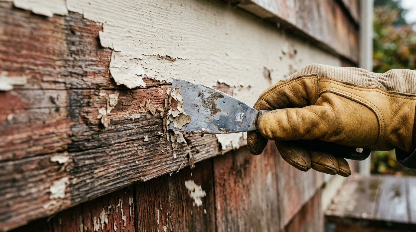 A close-up of a siding repair in progress on a Shoreline home, showing paint being scraped from a wood board.