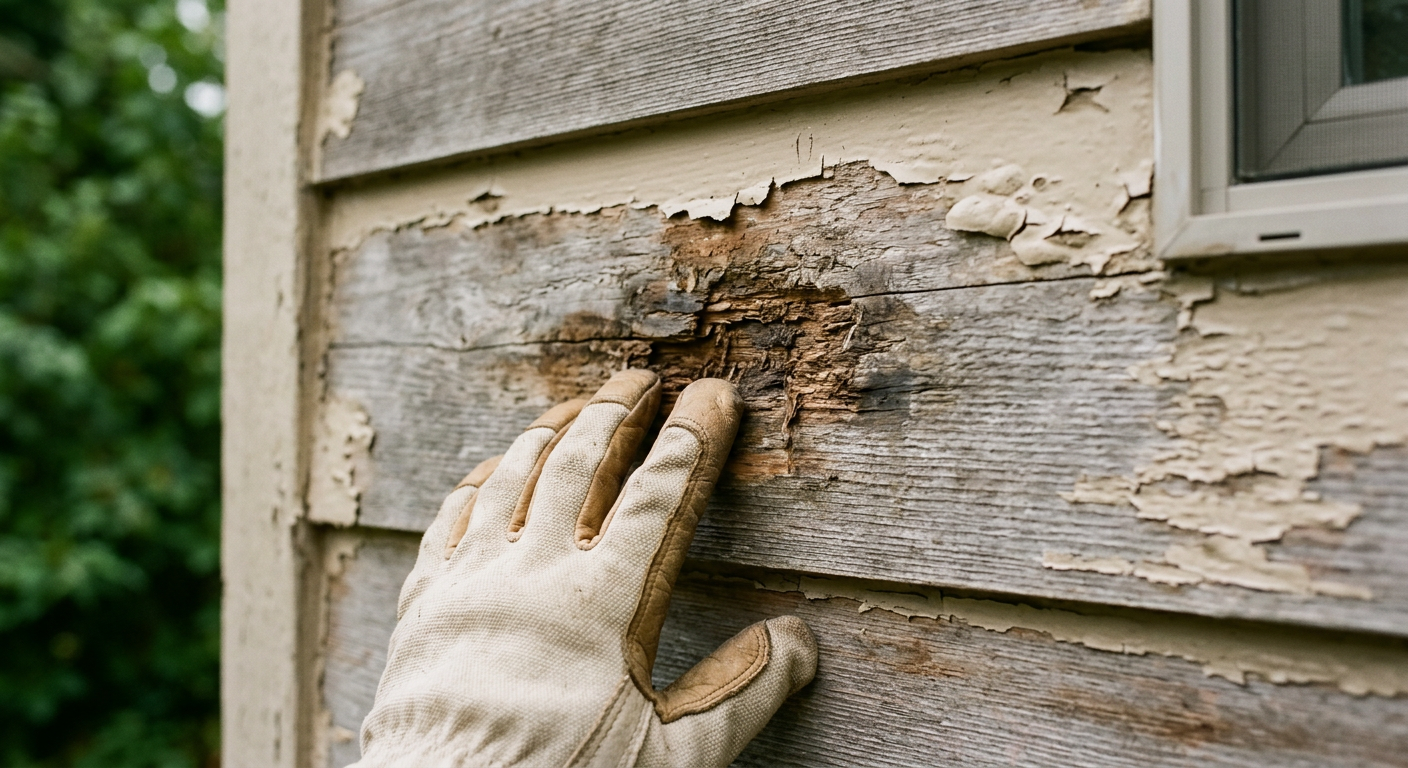 Close-up of a gloved hand pointing out wood rot on the siding of a home in Shoreline, WA.
