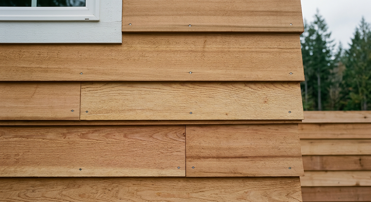 Freshly repaired cedar siding on a Yarrow Point home, showing clean lines and quality craftsmanship.