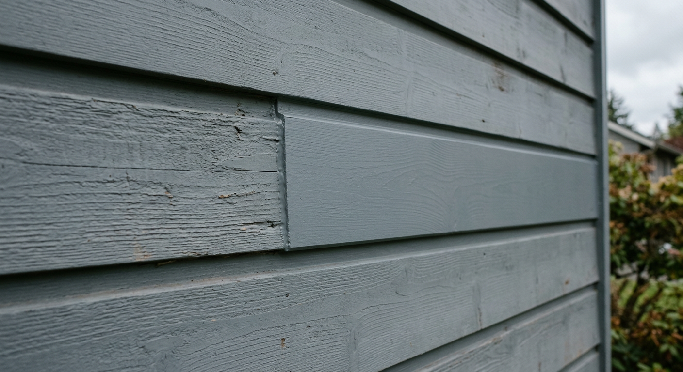 Close-up of a completed siding repair on a home in Yarrow Point, WA, showing a new board perfectly painted to match.