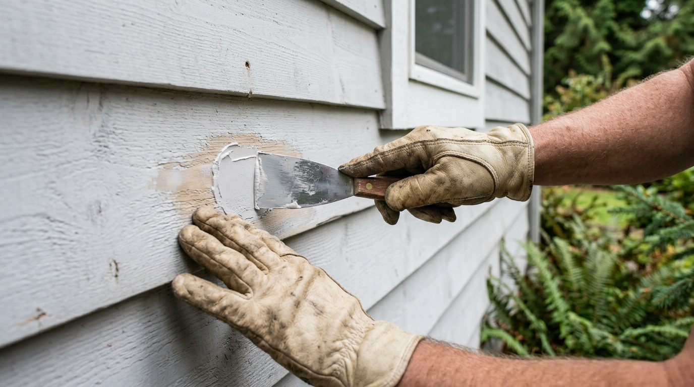 Close-up of a professional siding repair on a home in Yarrow Point, WA.