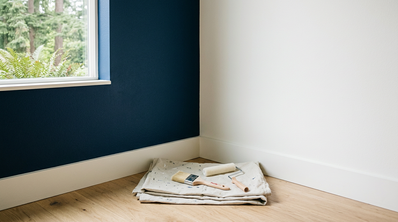 A perfectly cut-in corner of a freshly painted room after an interior painting project in Mercer Island, WA.