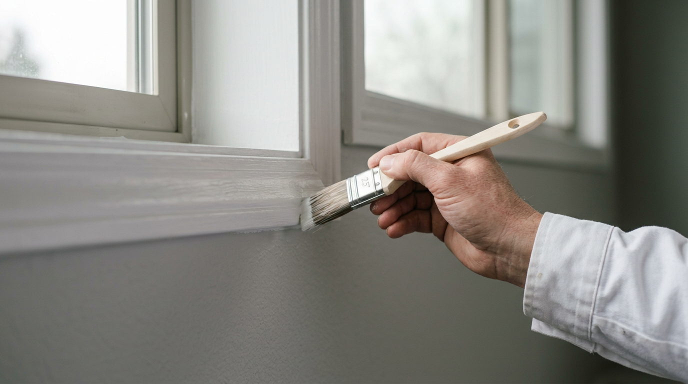 A professional painter applies a fresh coat of white paint to window trim in a Lynnwood, WA home.