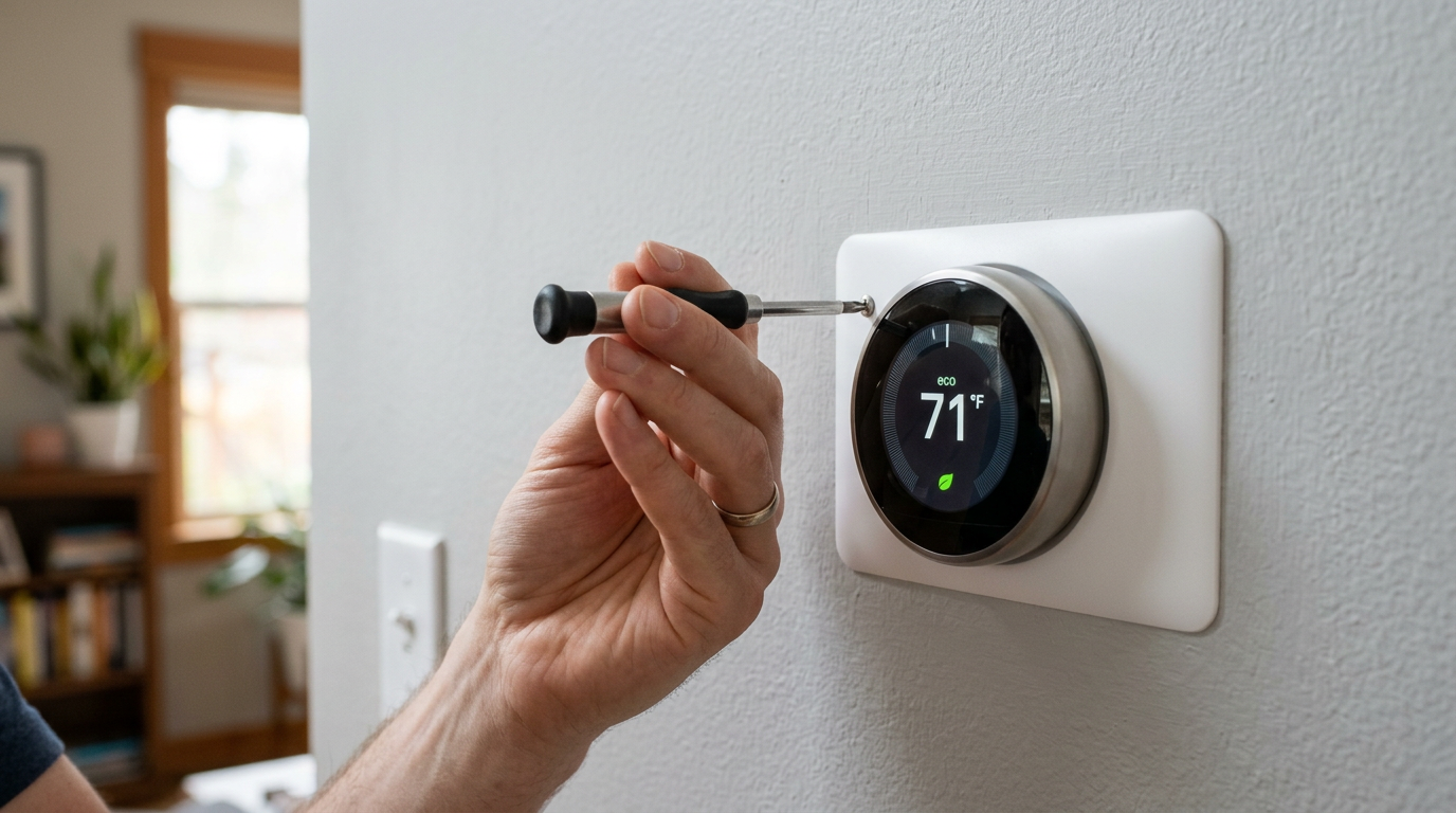 Handyman installing a smart thermostat on a wall in an Everett, WA home.