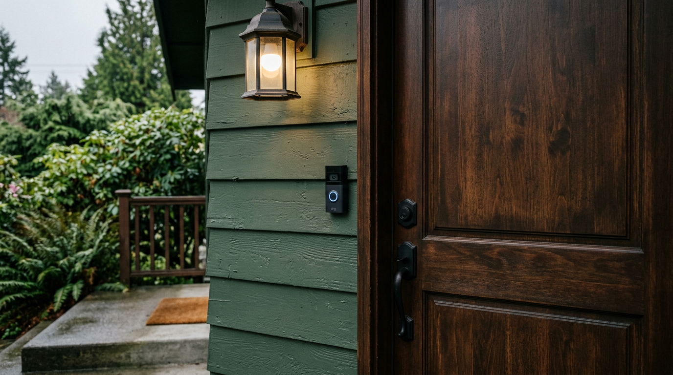A modern smart doorbell installed on a home in Magnolia, WA, ready for the rainy season.