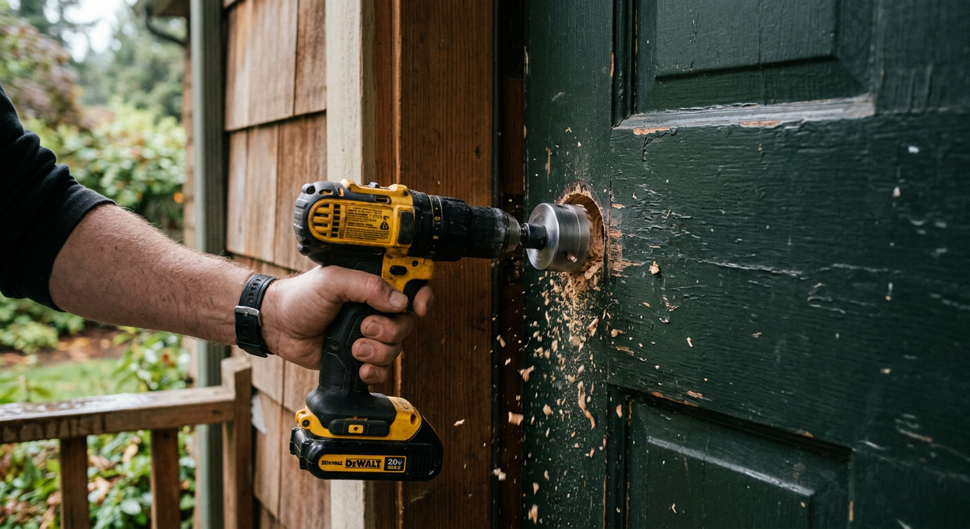 A House Spouse handyman carefully installs a smart lock on a front door in Magnolia, WA.