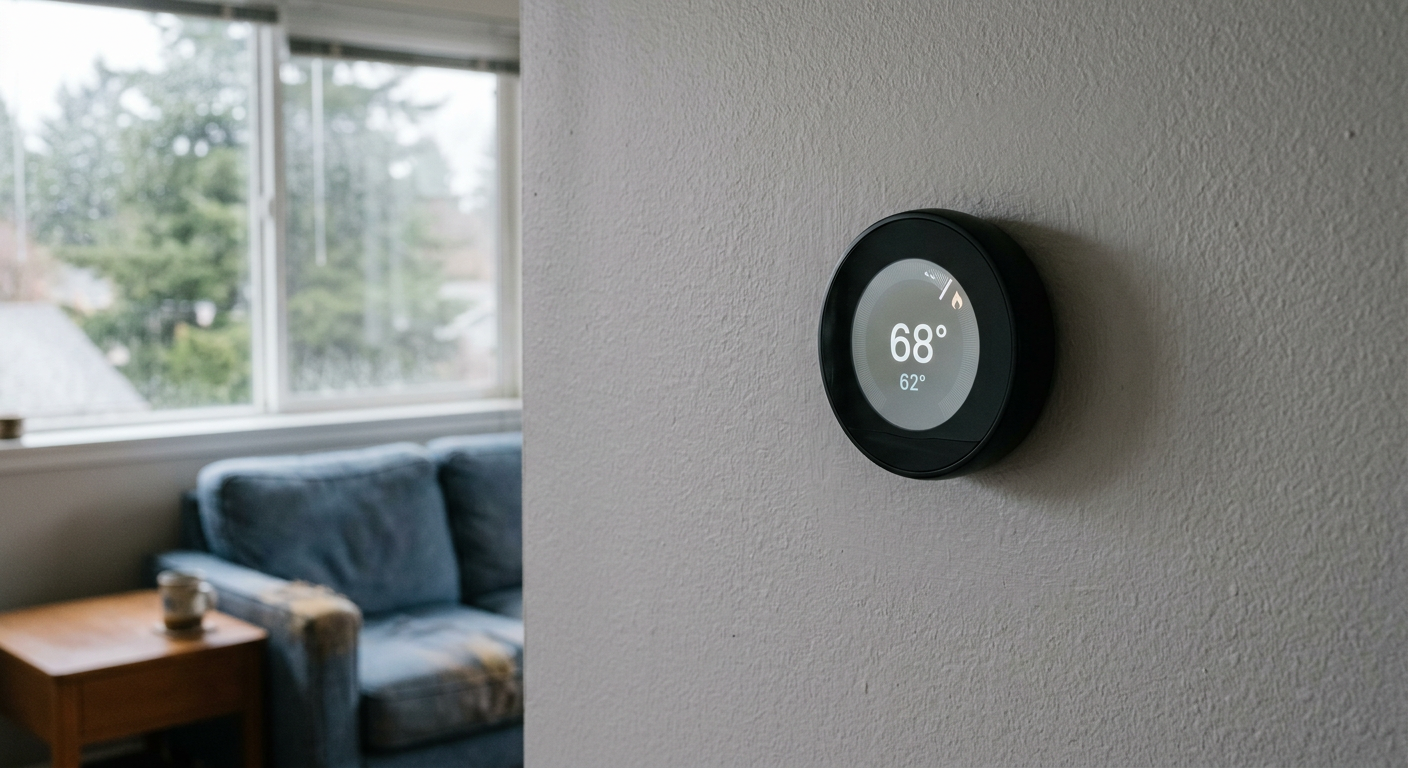 A modern smart thermostat installed on the wall of a cozy living room in Edmonds, WA.