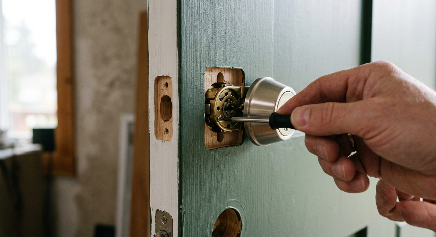 Close-up of a new smart lock being installed on a home's front door in Edmonds, WA.