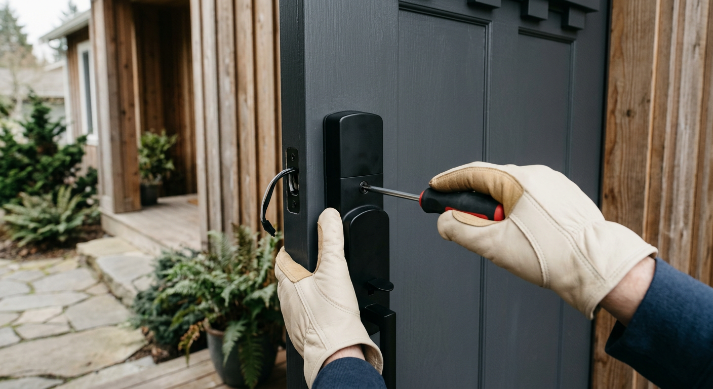Close-up of a handyman installing a smart lock on the front door of a home in Edmonds, WA.