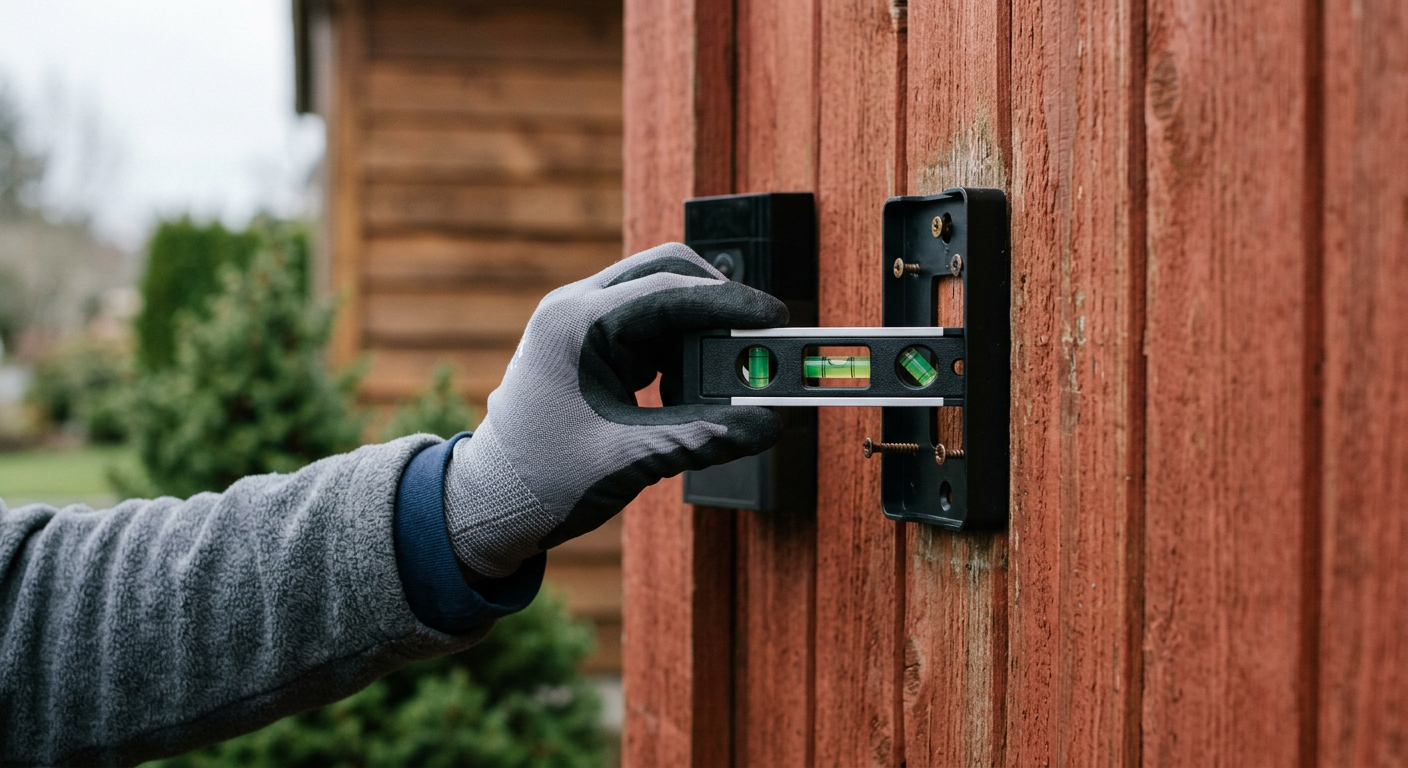A handyman installing a smart home doorbell on a house in Everett, WA, ensuring it is level.