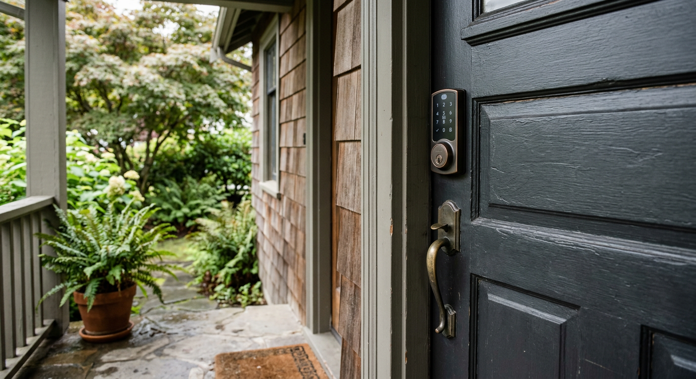 A modern smart lock installed on the front door of a home in Everett, Washington.