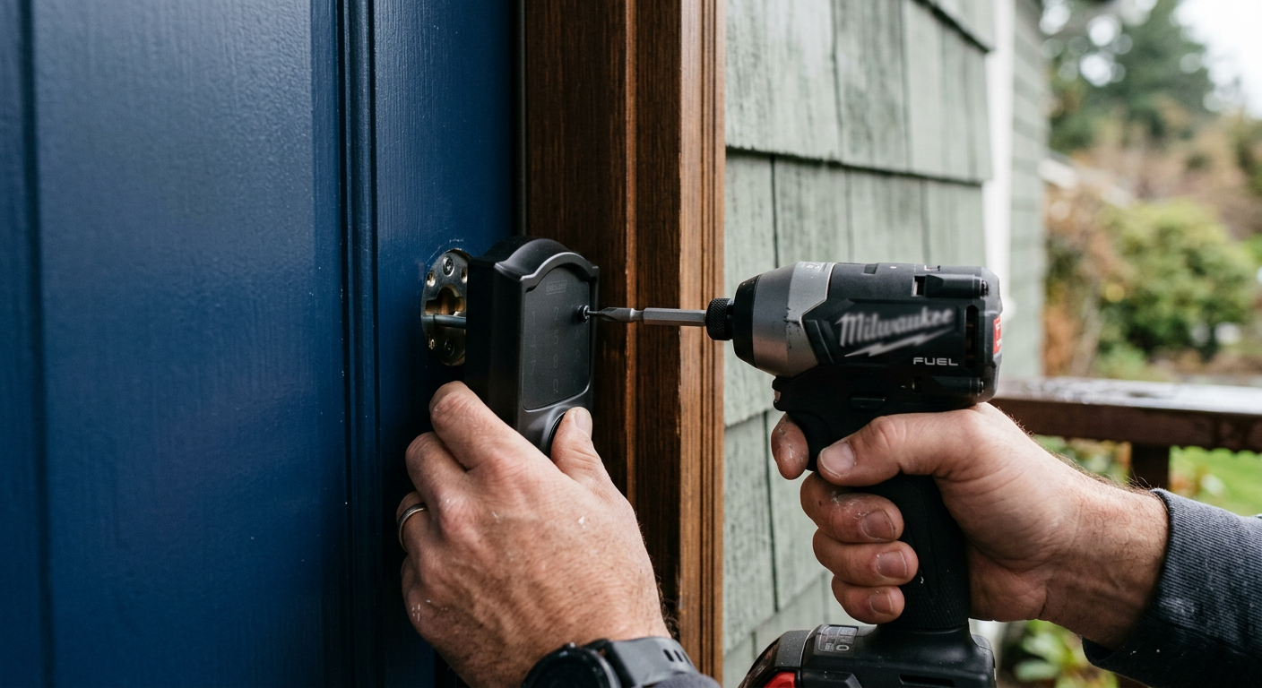 A House Spouse professional installing a new smart lock on the front door of a home in Everett, WA.