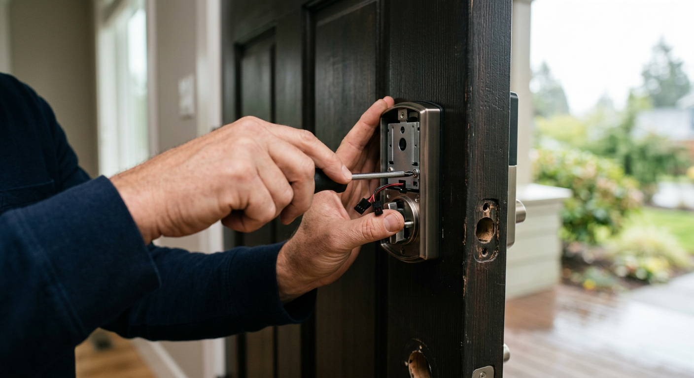 Close-up of a handyman installing a modern smart lock on a front door in Hunts Point, WA.