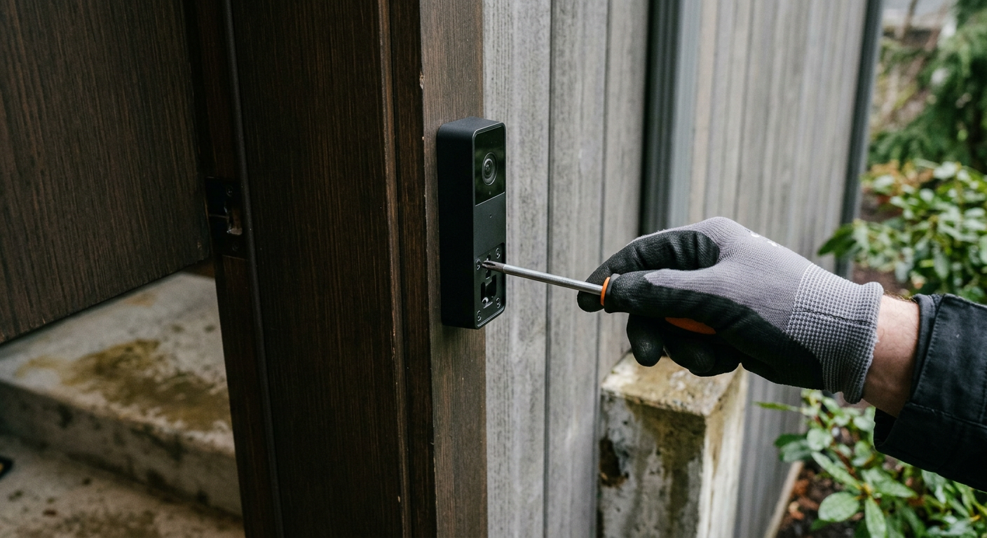 Professional handyman installing a smart doorbell on a Hunts Point, WA home.
