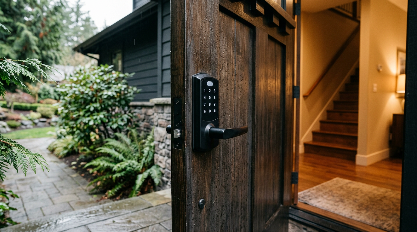 A close-up of a professionally installed smart lock on the front door of a Hunts Point, WA home on a rainy day.