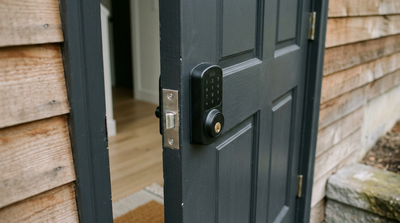 A close-up of a new smart lock professionally installed on the front door of a home in Lynnwood, WA.