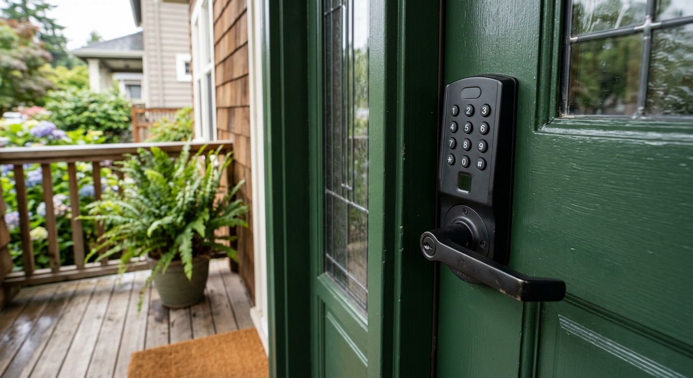 A modern smart lock installed on the front door of a home in Magnolia, WA, representing a smart home upgrade.