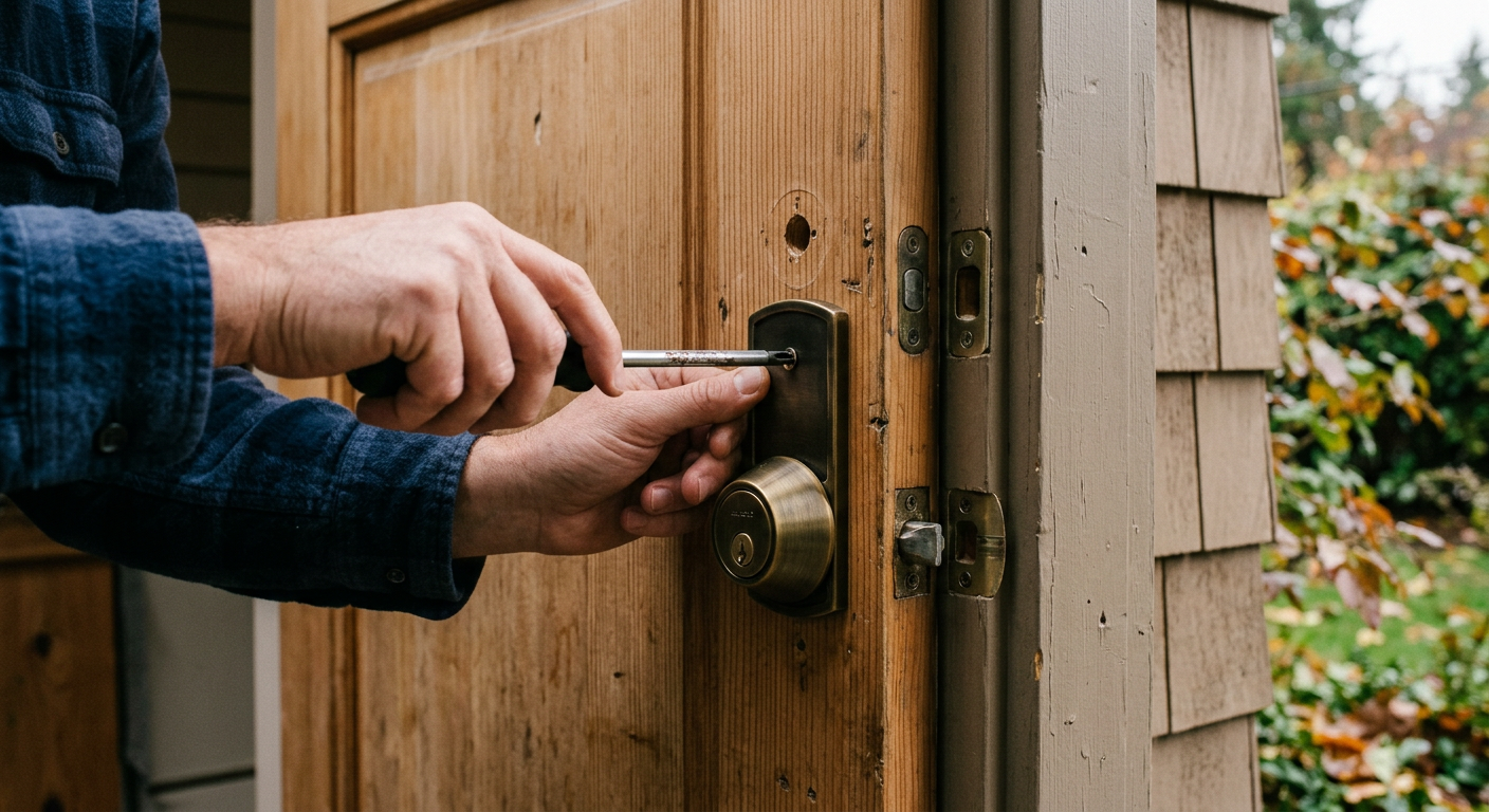 Smart lock installation on an exterior front door of a Magnolia WA home