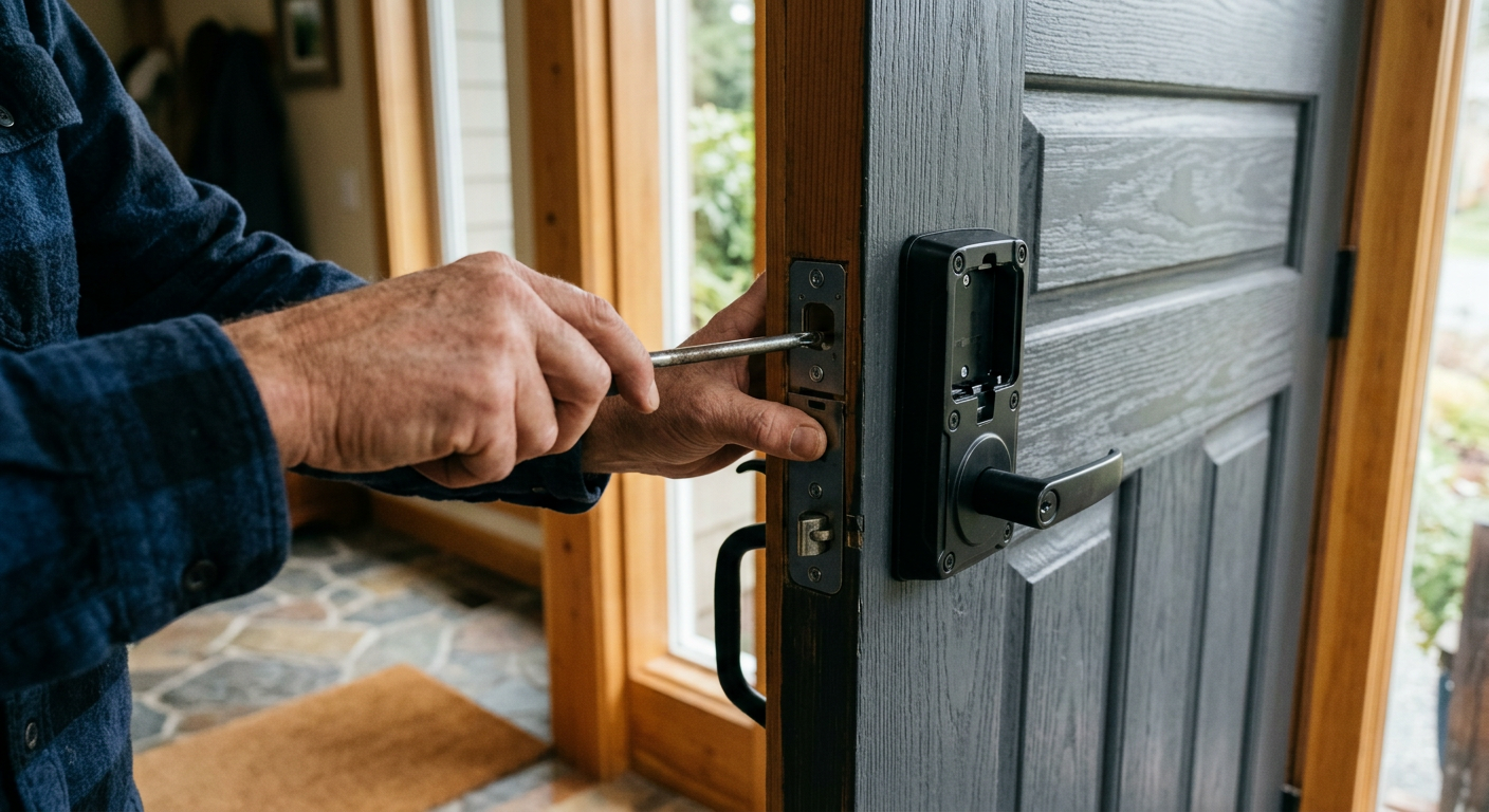 Installing smart home add-ons, a new smart lock, on a front door in Mill Creek, WA.