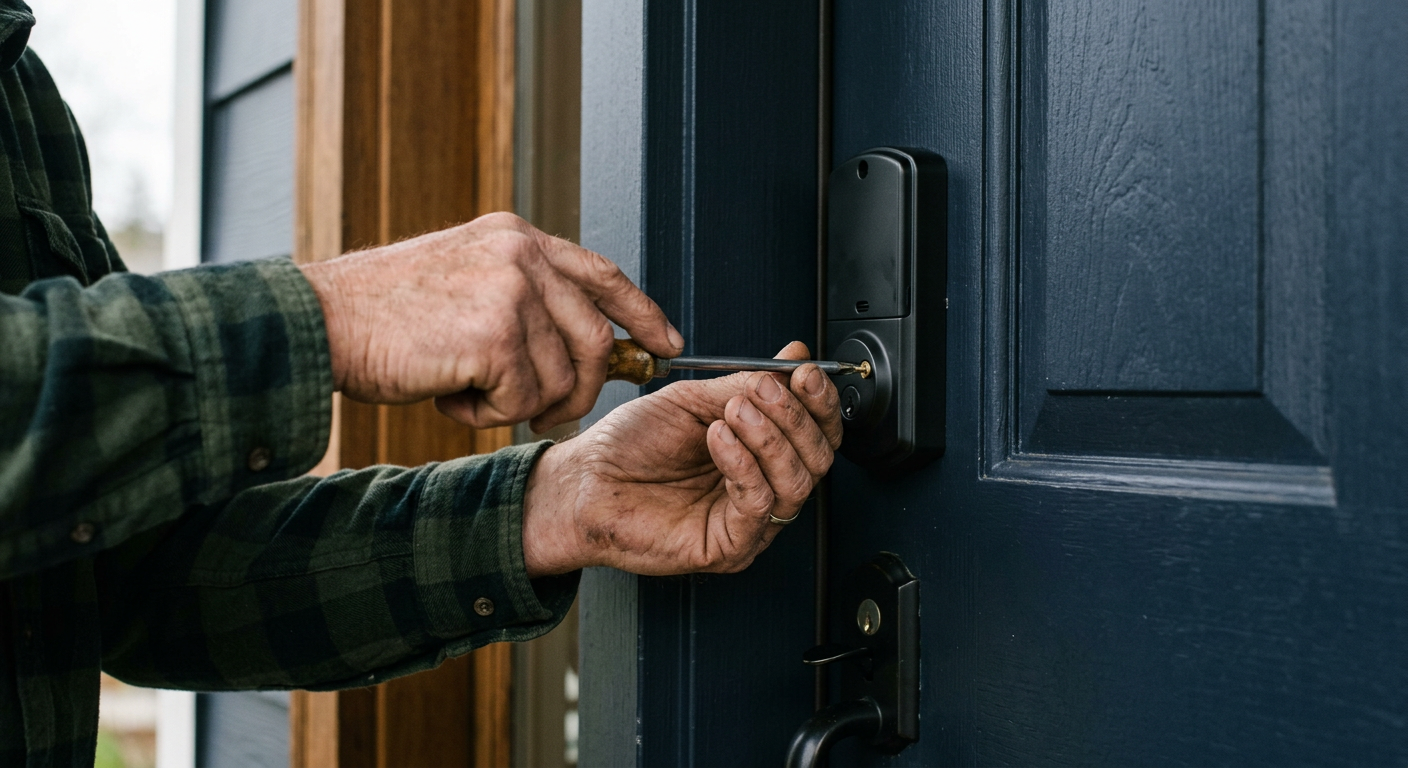 Handyman installing a smart lock on a front door during a smart home upgrade in Mill Creek, WA.
