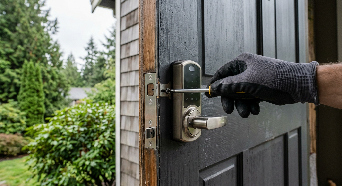 Professional handyman installing a smart lock on the front door of a home in Mill Creek, WA.