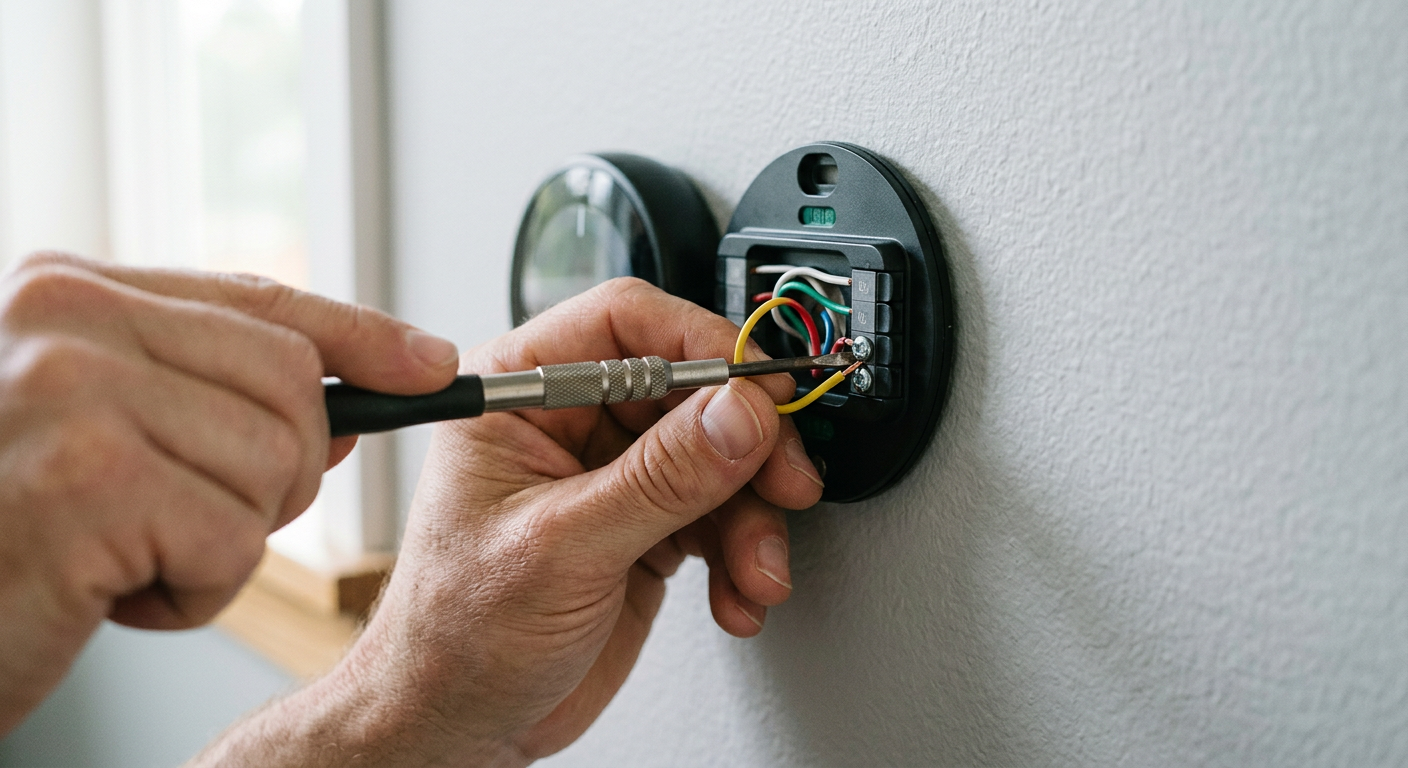 A House Spouse technician installing a smart thermostat in a home in Newcastle, WA.