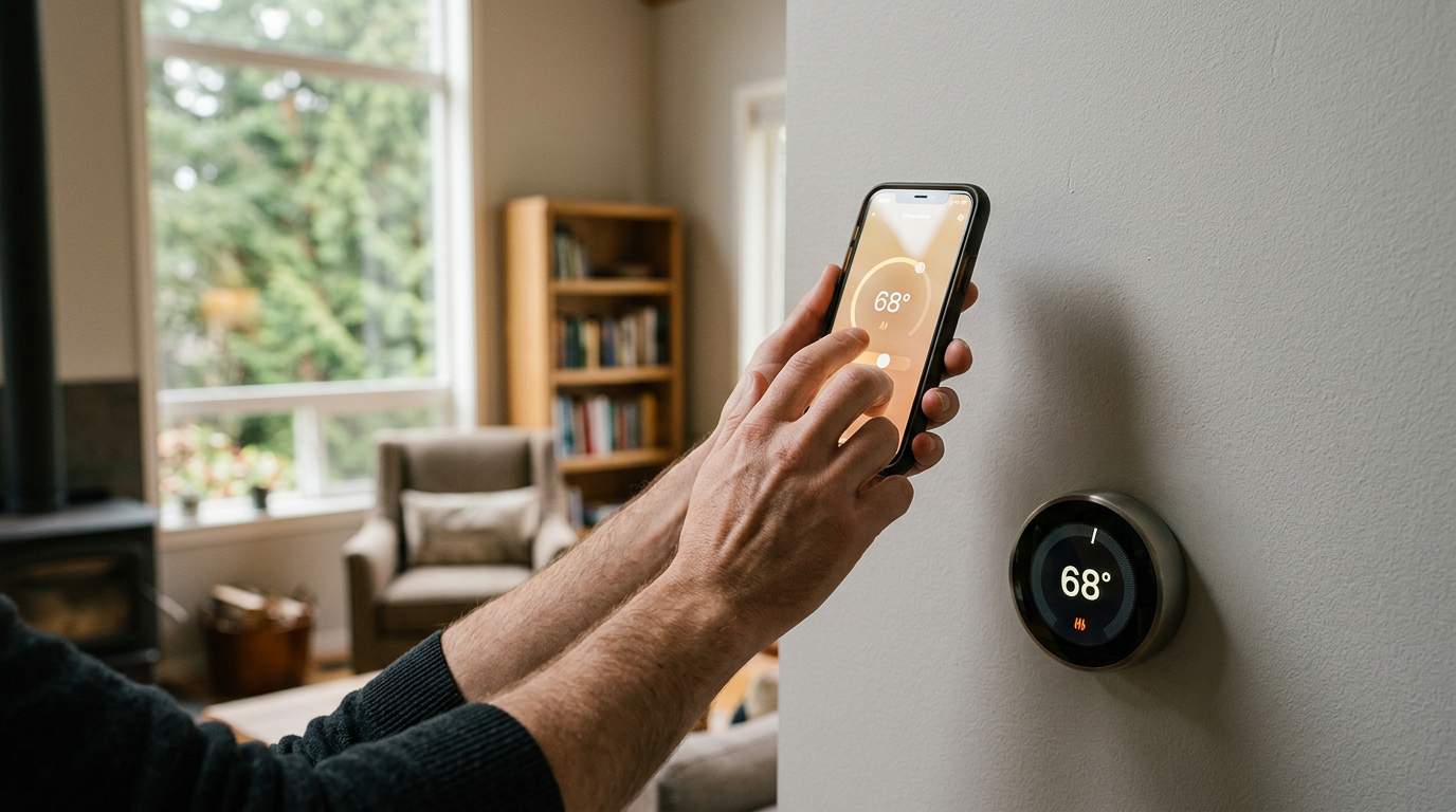 A modern smart thermostat installed on a wall in a Newcastle, WA home, improving energy efficiency.