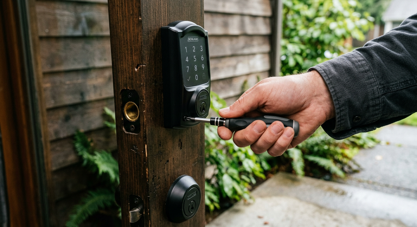 A technician installing a smart home lock on the front door of a home in Newcastle, WA.