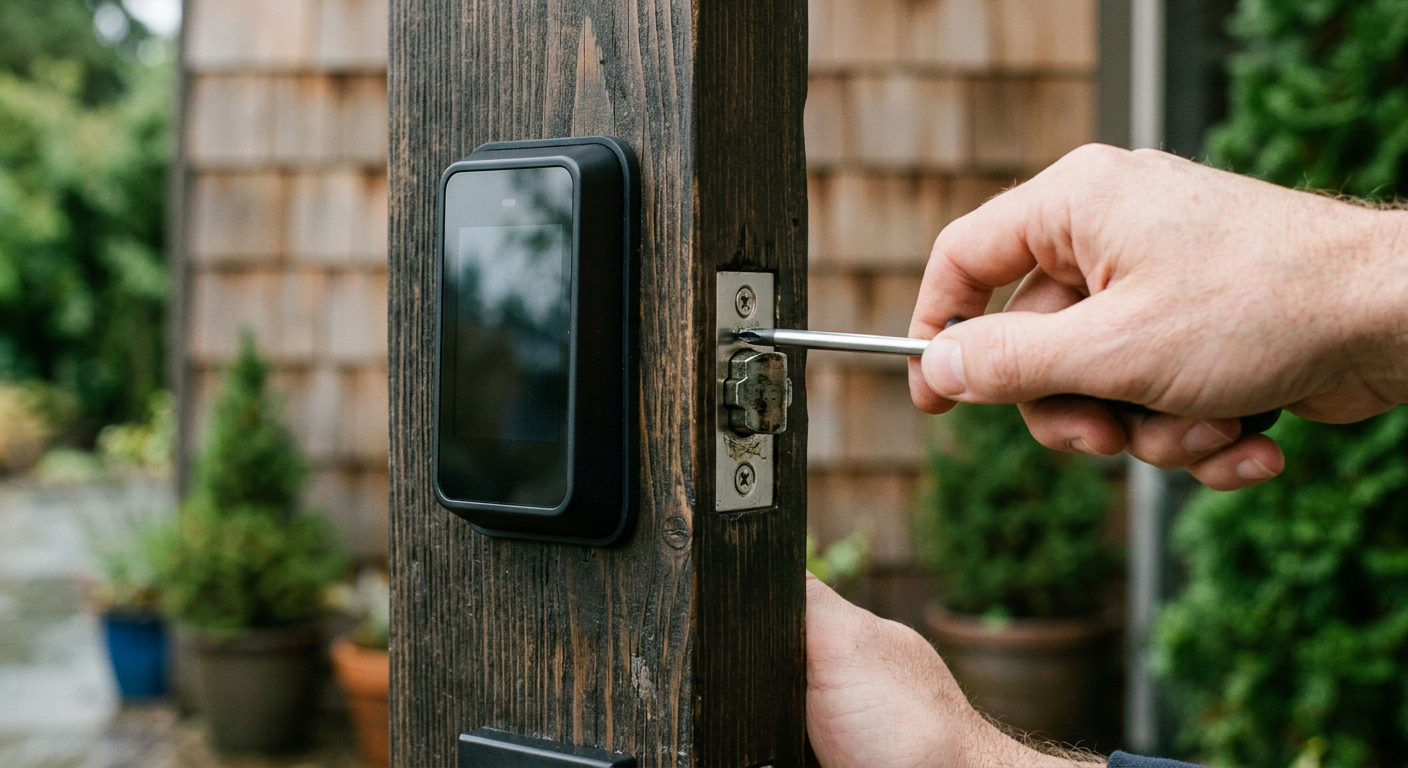 Close-up of smart lock installation on an exterior wood door in Newcastle WA