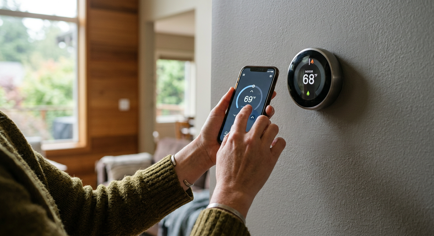 A homeowner adjusts their smart thermostat in their Snohomish WA home using a smartphone.